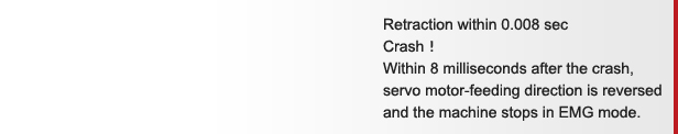 Retraction within 0.008 sec Crash！Within 8 milliseconds after the crash,servo motor-feeding direction is reversed and the machine stops in EMG mode.